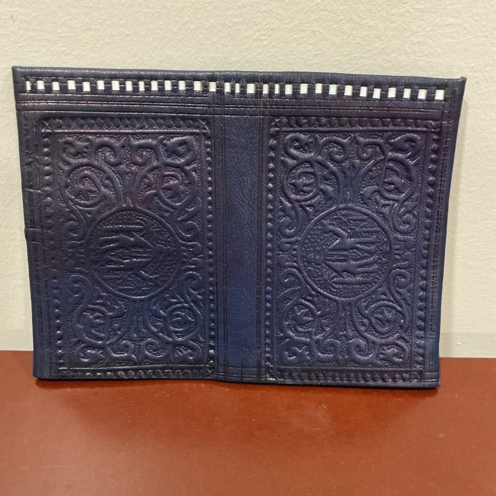 Wallet Moroccan Leather Genuine carved Bi-fold Handmade Unisex Blue Medium